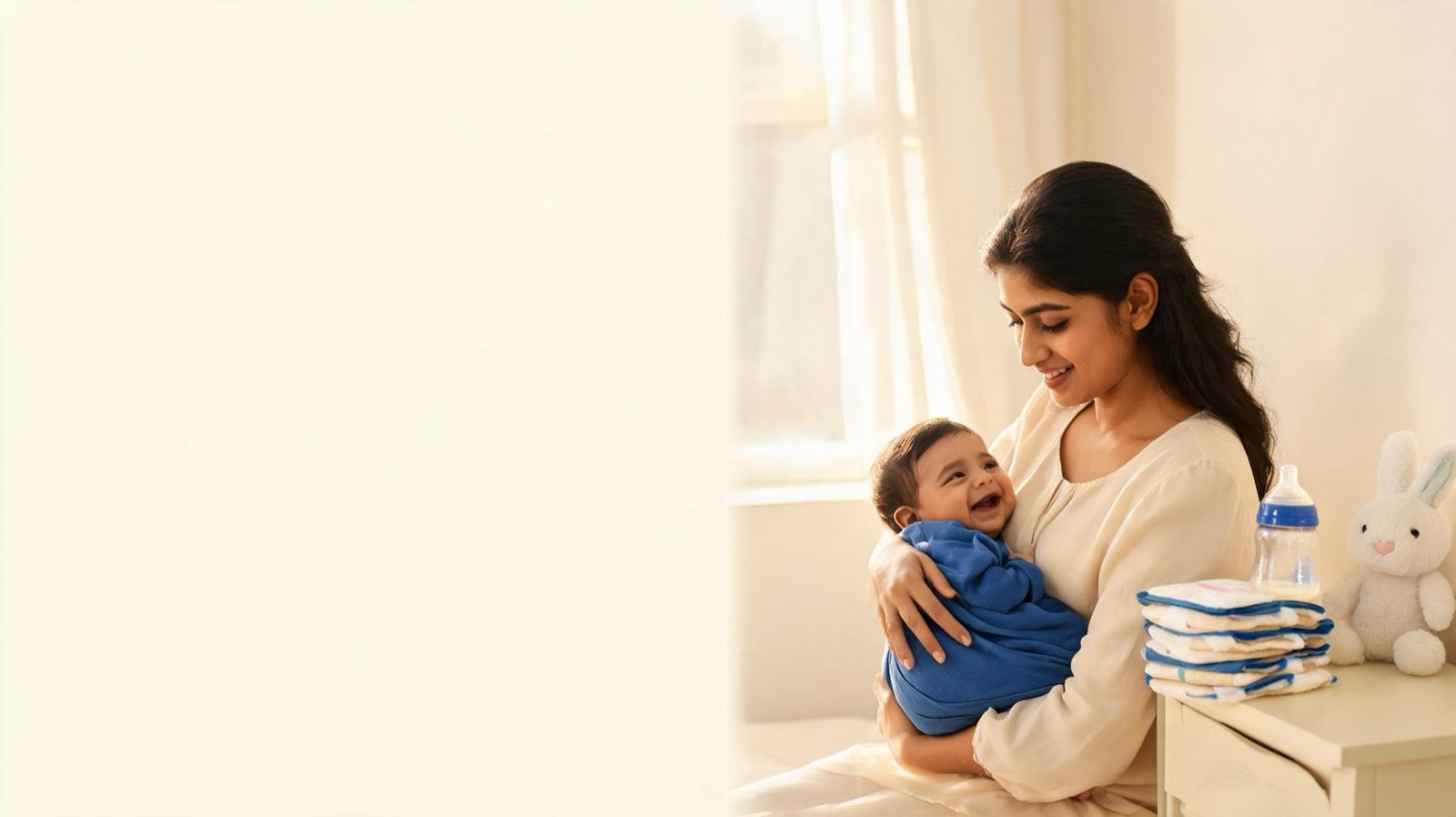 Mother cradling her smiling baby in a bright nursery