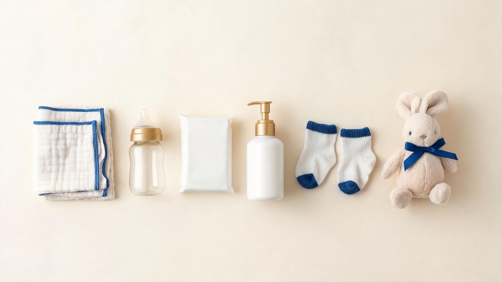 Neatly arranged baby care essentials flat-lay